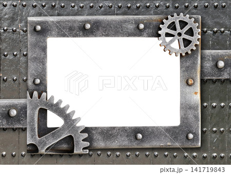 Steampunk industrial mechanical mockup template with metallic frame. Metallic frame with vintage metal detail, gear, retro rivets. Copy space. Isolated on white. Vintage industrial frame mockup design 141719843