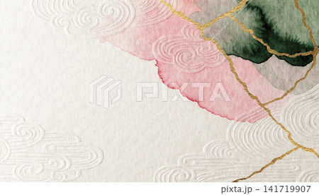 右側に桜色と抹茶色の水彩と金継ぎラインが走る和紙背景 右側に桜色と抹茶色の水彩と金継ぎラインが走る和紙背景 141719907
