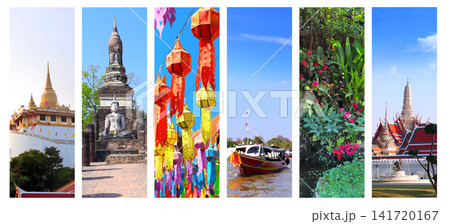 Welcome to Thailand. Travel, rest, vacation, holiday concept. Vertical banner with colourful scenes. View of landmark of Chiang Mai, Ayutthaya, Bangkok. Topic of sightsee, trip, cruise, tour Welcome to Thailand. Travel, rest, vacation, holiday concept. Vertical banner with colourful scenes. View of landmark of Chiang Mai, Ayutthaya, Bangkok. Topic of sightsee, trip, cruise, tour 141720167