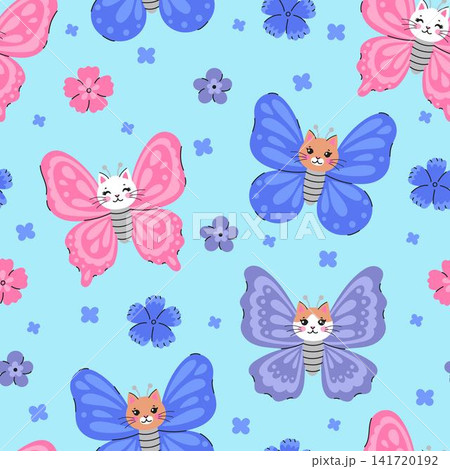 Seamless pattern with butterfly cats, and flowers. Vector graphics. Seamless pattern with butterfly cats, and flowers. Vector graphics. 141720192