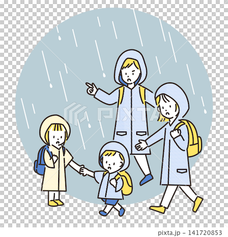 An illustration of a family evacuating in heavy rain while wearing raincoats. An illustration of a family evacuating in heavy rain while wearing raincoats. 141720853