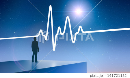 Professional businessman silhouette standing on solid block looking toward giant glowing medical heartbeat pulse line projected against dark blue starry night sky Professional businessman silhouette standing on solid block looking toward giant glowing medical heartbeat pulse line projected against dark blue starry night sky 141721182