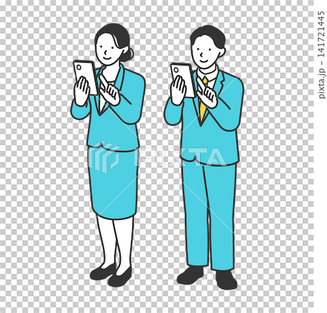 スマホを操作する20代の若手男女ビジネスマン 営業ツールやWebサイト案内に便利な全身立ち姿 141721445