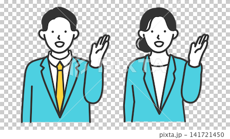一幅插圖，描繪了一對身著西裝的年輕男女，他們舉起雙手，禮貌地引導客人。 141721450