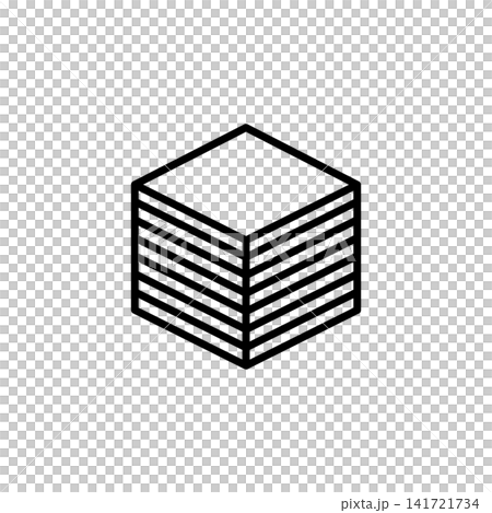 Minimalist line icon of a 3D cube constructed with visible horizontal layers illustrating additive manufacturing technology. 141721734
