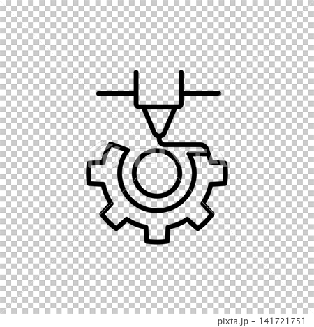Minimalist line icon of a nozzle 3D printing a mechanical gear component for custom industrial parts. Minimalist line icon of a nozzle 3D printing a mechanical gear component for custom industrial parts. 141721751