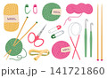 Knitting tools and supplies vector illustration set. Colorful wool yarn, embroidery scissors, safety pins, knitting needles, crochet hooks, measuring tape isolated on white background in flat style 141721860