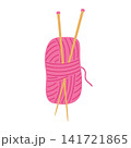 Pink yarn ball and wooden knitting needles vector illustration. Bright skein of wool yarn with inserted bamboo knitting pins isolated on white background in minimalist flat style 141721865