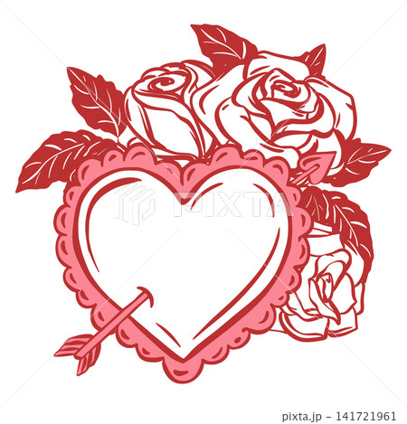 Vector composition with a heart and white roses. A heart pierced by Cupid's arrow. The drawing imitates a quick ink sketch. Valentine's Day clipart. Coquette style. A symbol of love and passion. Vector composition with a heart and white roses. A heart pierced by Cupid's arrow. The drawing imitates a quick ink sketch. Valentine's Day clipart. Coquette style. A symbol of love and passion. 141721961