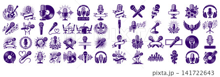 Assorted microphone icons with musical elements and headphones for podcast recording and live studio sessions Assorted microphone icons with musical elements and headphones for podcast recording and live studio sessions 141722643