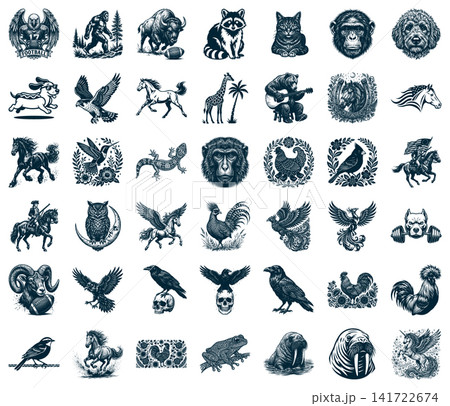 Various wild and mythical creatures depicted in a classic detailed black and white etching style Various wild and mythical creatures depicted in a classic detailed black and white etching style 141722674
