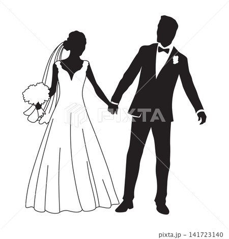 Stylized silhouette of wedding a dancing bride and groom 141723140