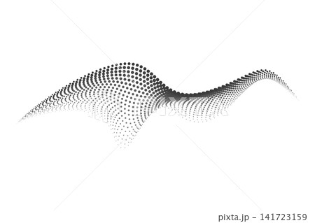 Dotted halftone waves. Flowing wavy lines pattern. Abstract liquid shapes, wave effect dotted gradient texture. Curve textures with halftone circular point isolated on white background 141723159