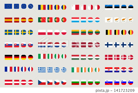 European Union member states national flags big mega collection in four different shapes and flat styles as vector web UI icons 141723209