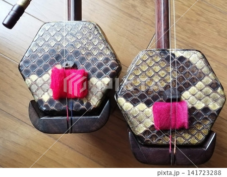 二胡（左）と低音二胡（右）の琴筒と本革（ヘビ皮）の質感がわかる2台のディテール 141723288