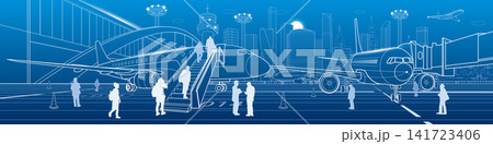 Modern international airport panorama with passenger airplanes, boarding stairs, travelers, terminal bridge, futuristic skyline and air traffic. Blue line vector illustration. 141723406