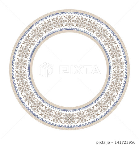 Circular ornamental frame pattern. Greek key pattern. Oriental round frame with damask pattern. Vector illustration. Circular ornamental frame pattern. Greek key pattern. Oriental round frame with damask pattern. Vector illustration. 141723956