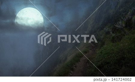 A hauntingly, dark nighttime landscape featuring a full moon glowing through misty clouds above a shadowy mountain trail, creating a mysterious and atmospheric wilderness scene. Halloween background A hauntingly, dark nighttime landscape featuring a full moon glowing through misty clouds above a shadowy mountain trail, creating a mysterious and atmospheric wilderness scene. Halloween background 141724002