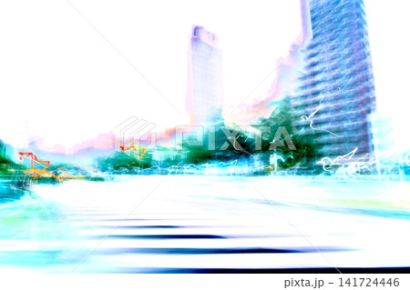 水色の光に包まれた都市の横断歩道とビル群の抽象背景 141724446