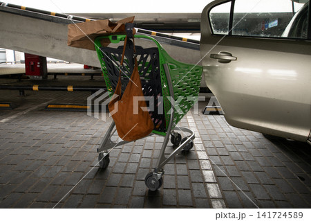 Shopping cart parked near a vehicle at a store parking lot with a brown bag set on top 141724589