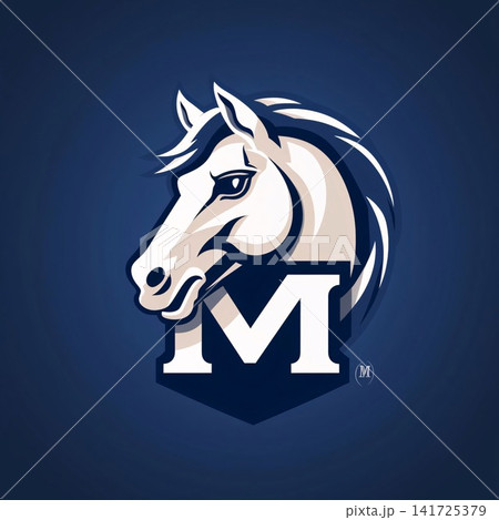 Horse head with letter M on a blue background. Vector illustration. Horse head with letter M on a blue background. Vector illustration. 141725379
