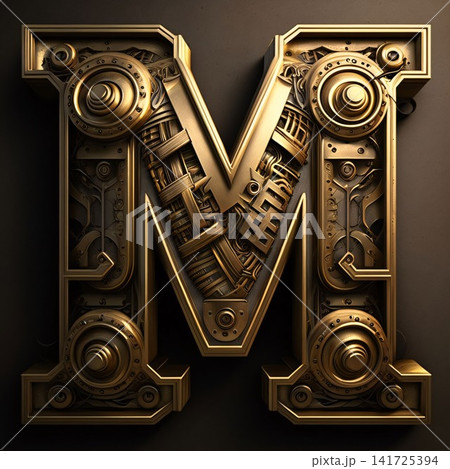 Mechanical alphabet. Letter M. 3D illustration. Vintage style. 141725394