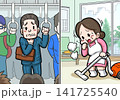 満員電車で喉を痛める男性と掃除中に咳き込む女性 141725540