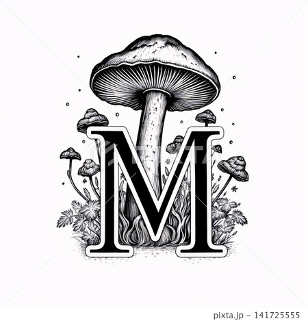 Mushroom letter M. Hand drawn vector illustration. Monochrome lettering. 141725555