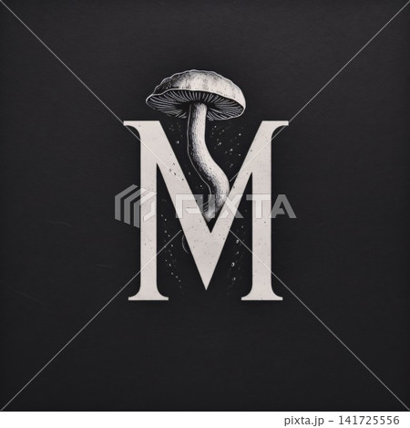 Alphabet letter M with mushroom on black background. Monogram design. Alphabet letter M with mushroom on black background. Monogram design. 141725556