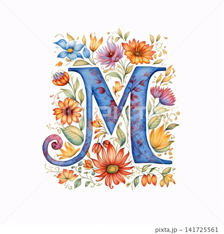 Floral capital letter M with flowers and leaves. Watercolor illustration Floral capital letter M with flowers and leaves. Watercolor illustration 141725561