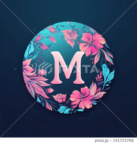 Floral letter M in circle frame. Floral font. Vector illustration. Floral letter M in circle frame. Floral font. Vector illustration. 141725708