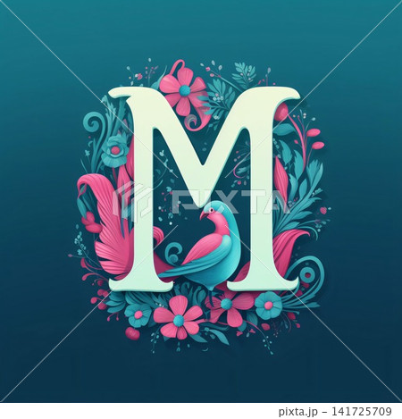 Floral letter M with birds and flowers. Floral font. Vector illustration. Floral letter M with birds and flowers. Floral font. Vector illustration. 141725709