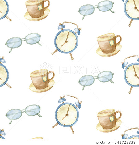 Watercolor seamless pattern with study essentials illustration. Hand drawn  background featuring alarm clocks, tea cups and eyeglasses on white for school design, stationery and textiles. 141725838