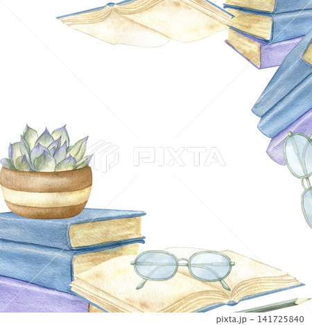Watercolor back to school frame with illustration stacks of books, open book, glasses and succulent in pot. Hand drawn corner border template with copy space for education design. Drawing detailed. Watercolor back to school frame with illustration stacks of books, open book, glasses and succulent in pot. Hand drawn corner border template with copy space for education design. Drawing detailed. 141725840