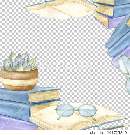 Watercolor back to school frame with illustration stacks of books, open book, glasses and succulent in pot. Hand drawn corner border template with copy space for education design. Drawing detailed. Watercolor back to school frame with illustration stacks of books, open book, glasses and succulent in pot. Hand drawn corner border template with copy space for education design. Drawing detailed. 141725840