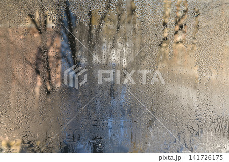Wet glass with condensation droplets obscures bare tree branches and residential buildings. Window surface creates soft dreamy blur over cold winter cityscape. Glass texture adds abstract calm mood. Wet glass with condensation droplets obscures bare tree branches and residential buildings. Window surface creates soft dreamy blur over cold winter cityscape. Glass texture adds abstract calm mood. 141726175
