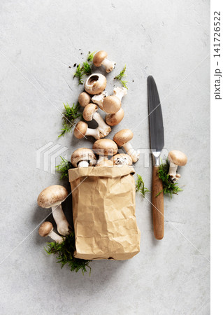 Fresh Brown Mushrooms with Knife and Moss on Light Stone Background Fresh Brown Mushrooms with Knife and Moss on Light Stone Background 141726522