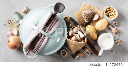 Autumn Cooking Ingredients and Blue Pot Flat Lay 141726524
