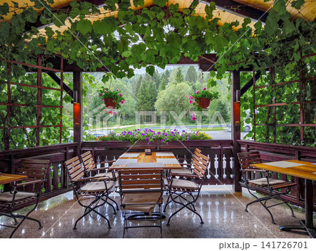 Cozy veranda restaurant in Slovenia with wooden tables, vine-covered roof and garden view, capturing relaxed outdoor dining and everyday local lifestyle Cozy veranda restaurant in Slovenia with wooden tables, vine-covered roof and garden view, capturing relaxed outdoor dining and everyday local lifestyle 141726701