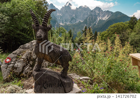 Ibex statue at Lake Jasna near Kranjska Gora, Slovenia, with wildflowers and Julian Alps peaks in the background, showing alpine identity and sense of place Ibex statue at Lake Jasna near Kranjska Gora, Slovenia, with wildflowers and Julian Alps peaks in the background, showing alpine identity and sense of place 141726702