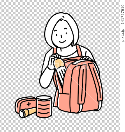 防災グッズをリュックに詰める女性_2色 防災グッズをリュックに詰める女性_2色 141727610