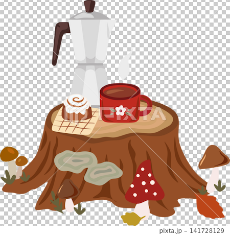 Cozy autumn forest picnic on a tree stump with a moka pot, cinnamon bun, and mushrooms Cozy autumn forest picnic on a tree stump with a moka pot, cinnamon bun, and mushrooms 141728129