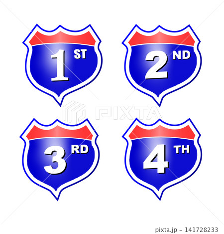 Ranking badge collection with four shield emblems showing first, second, third, and fourth places, featuring blue gradients, red headers, white borders, bold numerals, and glossy shadows Ranking badge collection with four shield emblems showing first, second, third, and fourth places, featuring blue gradients, red headers, white borders, bold numerals, and glossy shadows 141728233