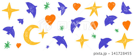 Bird and pastel silhouette set with blue dove and orange heart icons. Crayon bird in pastel brush and sketch for kids poster and print. Vector hand drawn doodle with pencil illustration in naive art Bird and pastel silhouette set with blue dove and orange heart icons. Crayon bird in pastel brush and sketch for kids poster and print. Vector hand drawn doodle with pencil illustration in naive art 141728455