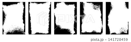Grunge frames with rough spray texture and torn paper edges. Black painted photo border with grainy snow overlay and aged grunge feel for vintage mockup. Vector spray frame set isolated on white 141728459