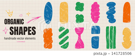 Hand drawn abstract doodle shapes with crayon texture for kids label and badge. Geometric and organic figure elements in colorful scribble. Vector abstract set of geometric forms for school collage 141728506