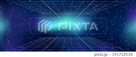 Universe room uses perspective lines around a central frame. Cyan aurora clouds and bright stars illuminate the universe scene. Vector perspective backdrop with cosmic depth for cover design or promo 141728539