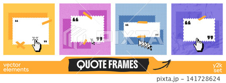Postage stamp set with quote frames and geometric text box figures. Yellow pink blue and violet panels with cursors and tape. Vector postage stamp collection for sticker sheet or scrapbook design Postage stamp set with quote frames and geometric text box figures. Yellow pink blue and violet panels with cursors and tape. Vector postage stamp collection for sticker sheet or scrapbook design 141728624
