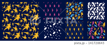 Seamless patterns of starry night doodles with crayon stars and fluffy clouds for festive celebration. Scribbled blue clouds and sparks on dark. Hand drawn vector pattern with playful seamless star 141728643