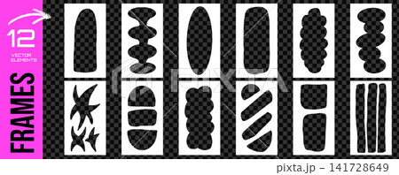 Graphic doodle frame with abstract figure photo border for social media. Bold graphic frames in story and carousel. Vector set of funky kid elements for playful content post on checkered bg as png 141728649